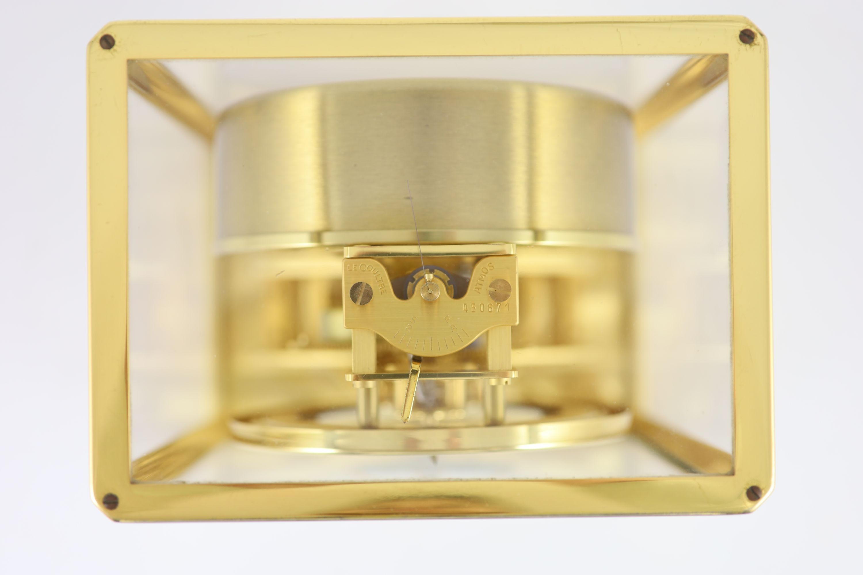 A Jaeger le Coultre gilt metal Atmos clock, width 18cm depth 13.5cm height 22cm